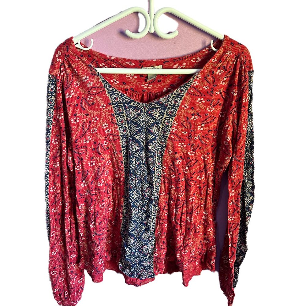 lucky brand red boho print shirt